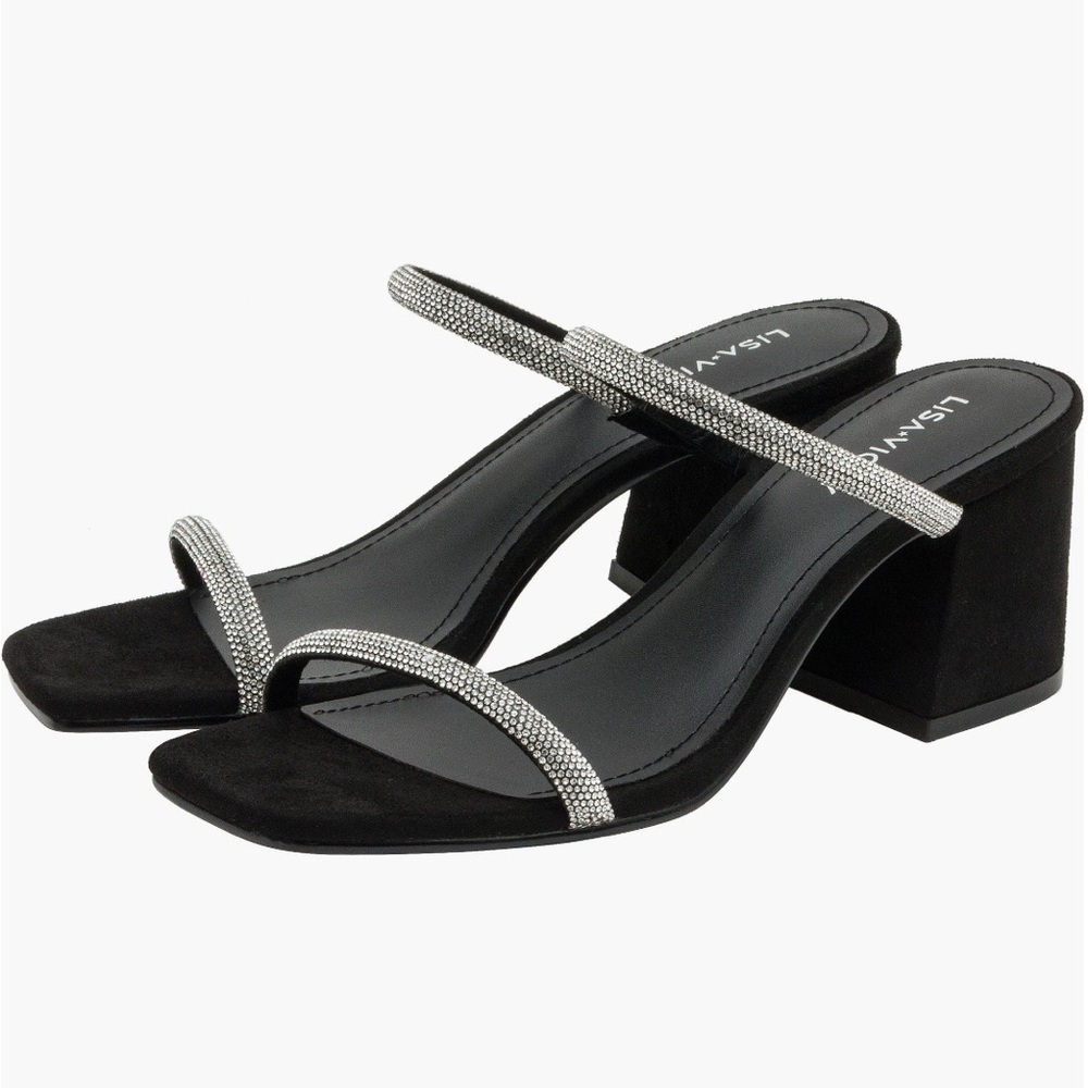 LISA VICKY Mood Pavé Block Heel Slide Black and Rhinestones Women's Sandals - Picture 2 of 16